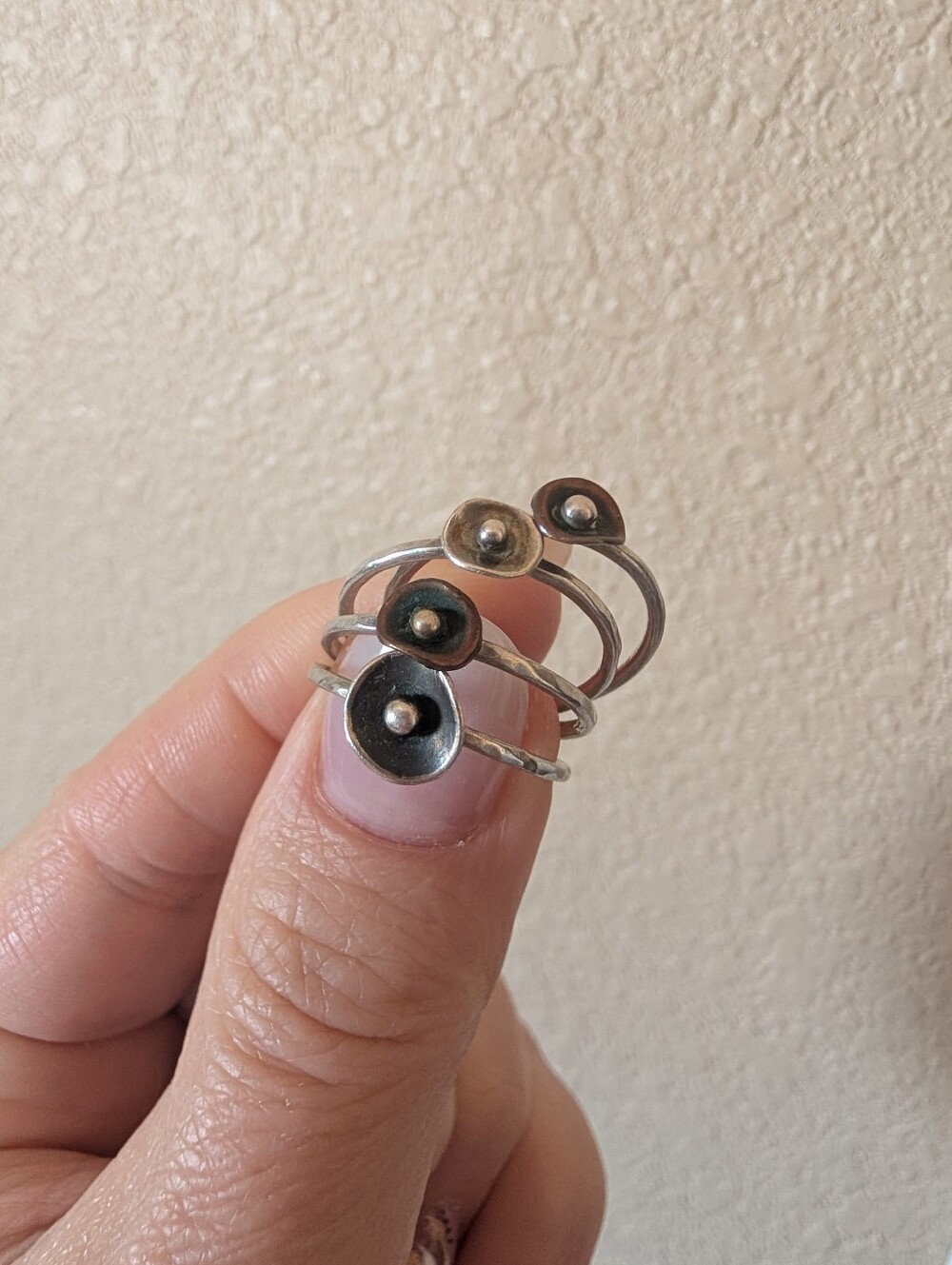 Artisan Sterling Silver & Copper Quince Flower Stacking Ring Set Size 6.5–7
